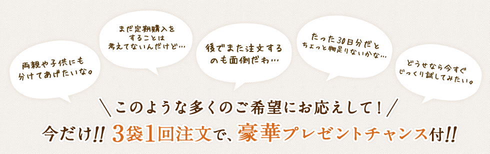 このような多くのご希望者にお応えして！今だけ!!3袋1回注文で、豪華プレゼントチャンス付!!